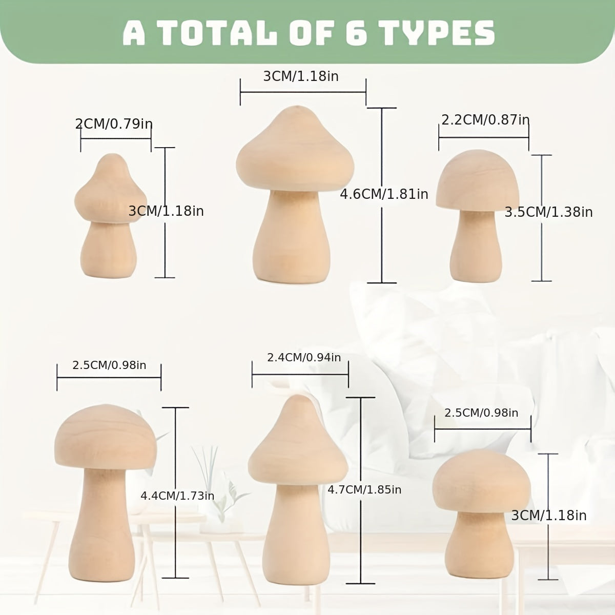 Set of 6 Wooden Mushrooms for DIY Crafts & Ornaments