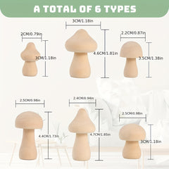 Set of 6 Wooden Mushrooms for DIY Crafts & Ornaments