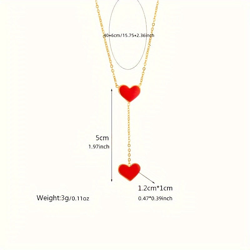 Double Heart Pendant Necklace Red Enamel Finish