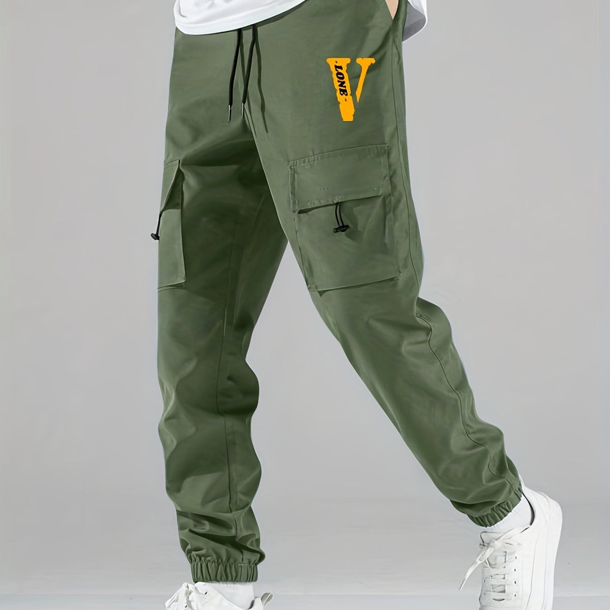 V Print Cargo Pants Men s Flap Pocket Trousers Loose Casual Outdoor Pants