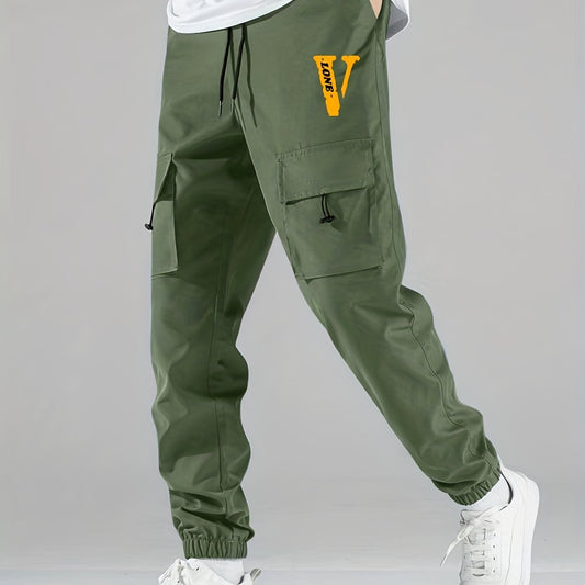 V Print Cargo Pants Men s Flap Pocket Trousers Loose Casual Outdoor Pants