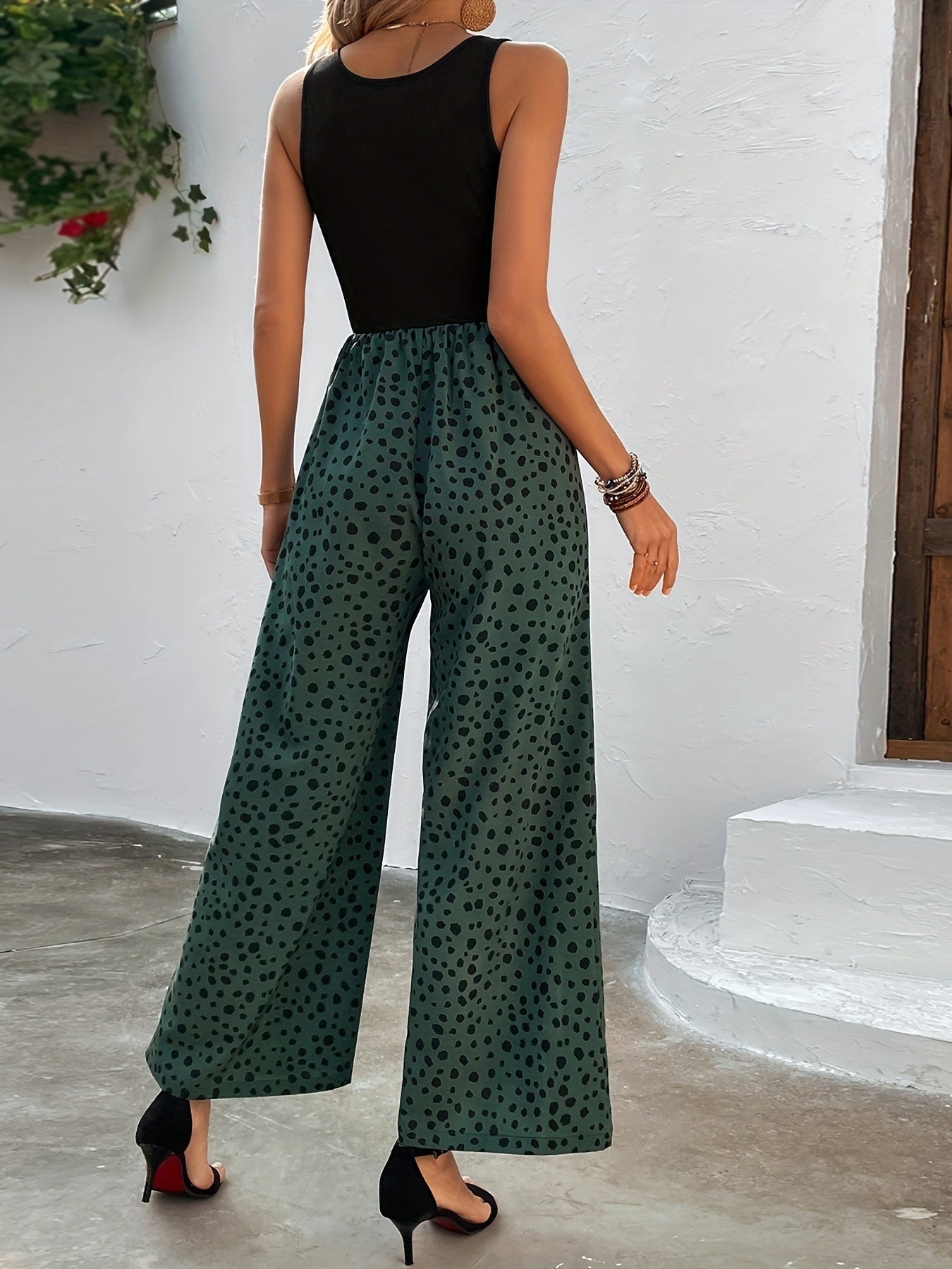 Dalmatian Print Wide Leg Jumpsuit Boho Sleeveless Jumpsuit