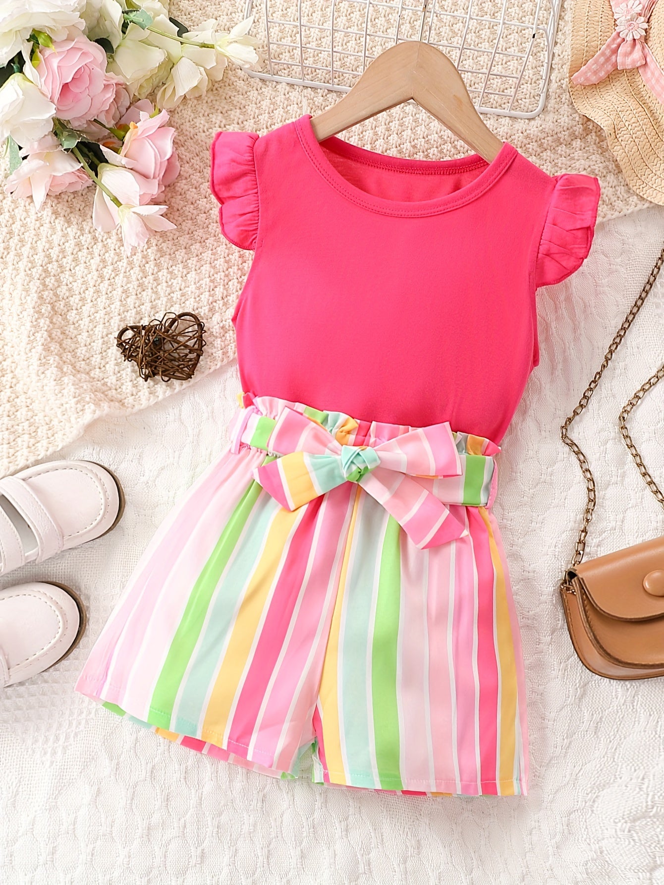 Girls Ruffled Sleeves Tee & Stripe Shorts Set