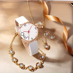 6pcs Fashionable Digital Leather Quartz Watch Set