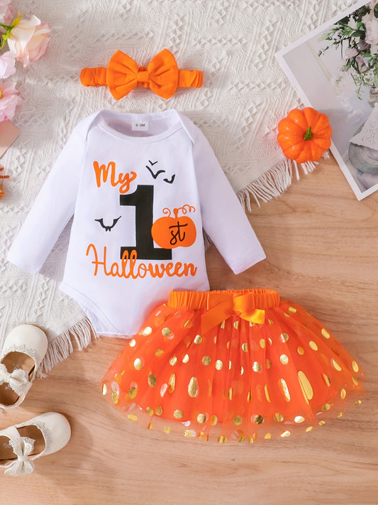 3pcs Baby Girls My 1st Halloween Onesie & Mesh Skirt Set