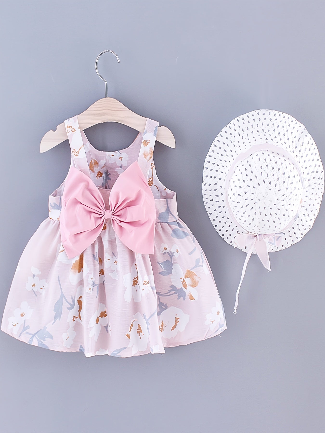 Baby Girls Sleeveless Flowers Print Beach Dress With Hat