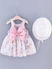 Baby Girls Sleeveless Flowers Print Beach Dress With Hat