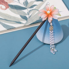 Wooden Flower Hairpin Ancient Style Beaded Tassel Hair Accessories