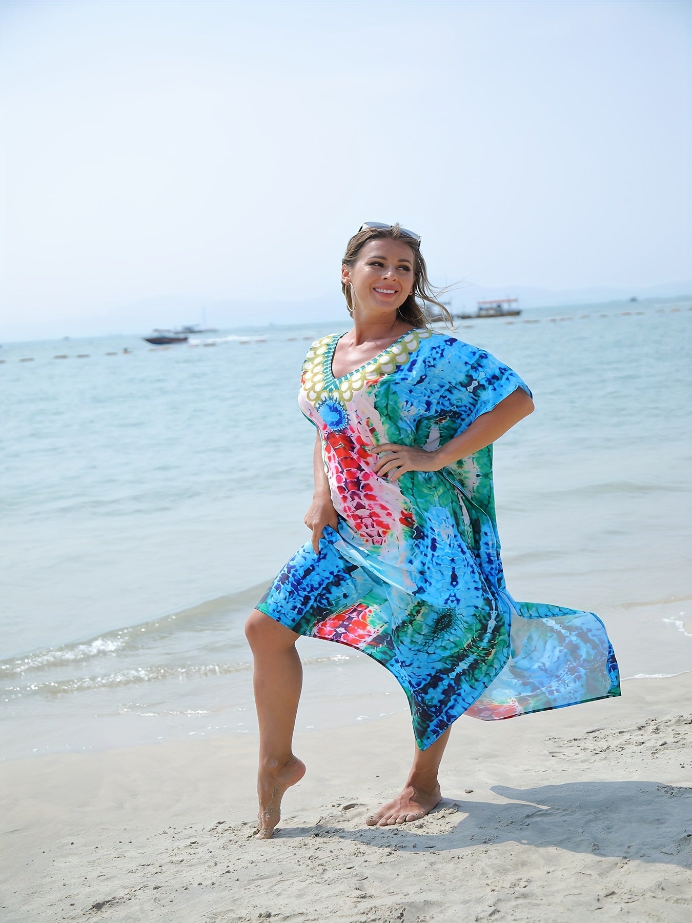  Boho Cover Up Women's Plus Tribal Print Batwing Sleeve V Neck Split