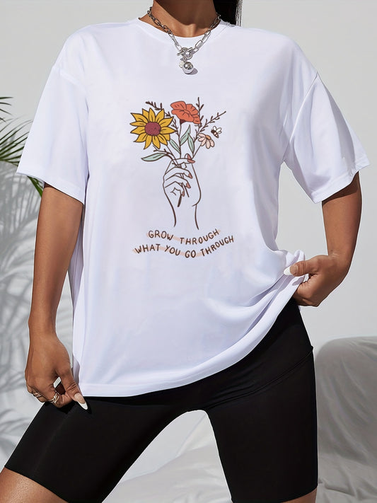 Finger Flower Letter Print Casual T shirts Women's Graphic Tee