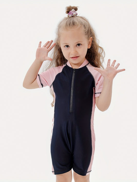 Toddler Girls Block Zipper Short Sleeve Stand Collar Swimsuit