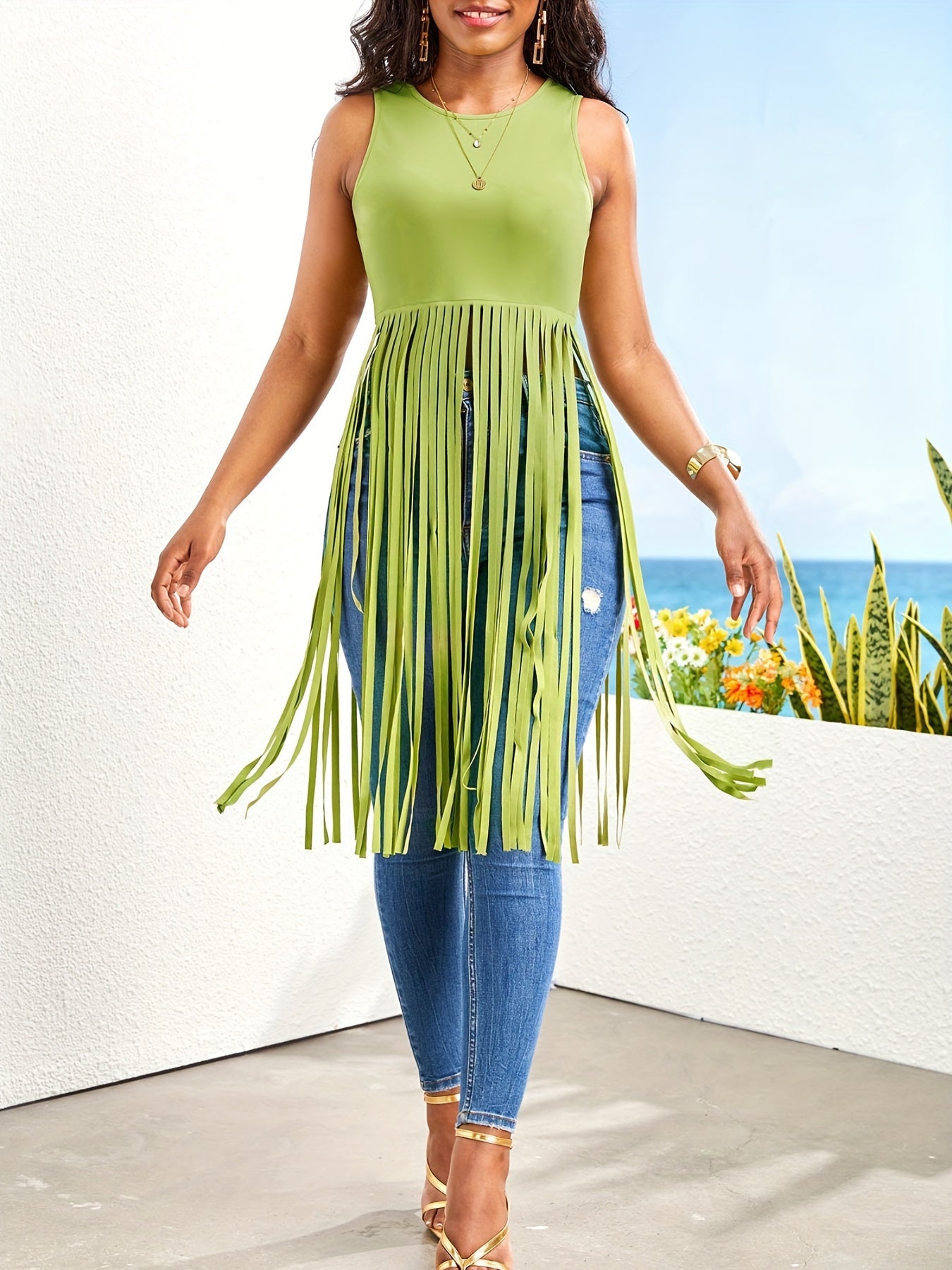 Solid Tank Top With Long Tassel Crew Neck Summer Sleeveless Top