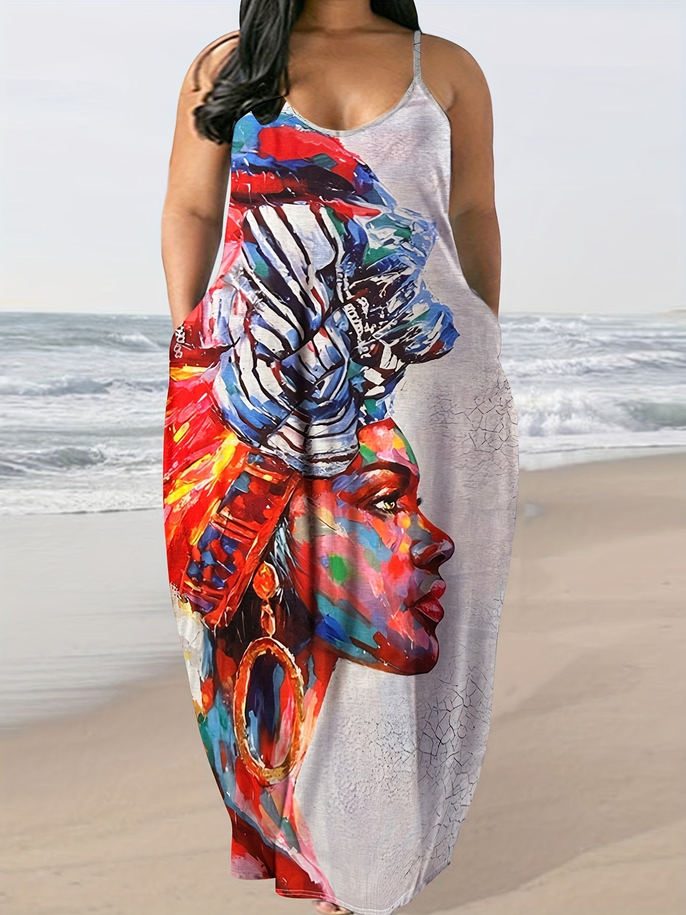  Figure Print V Neck Maxi Cami Dress