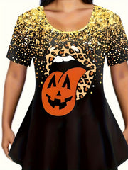 Women's Plus Abstract Pumpkin Lip & Golden Sequin Print Tunic Top & Pants Outfit