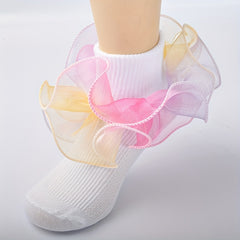 3 Pairs Baby Girls Rainbow Lace Ruffled Socks Breathable Comfy Socks