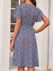 Floral Print Vacation Dress V Neck Short Sleeve Knot Summer Dress