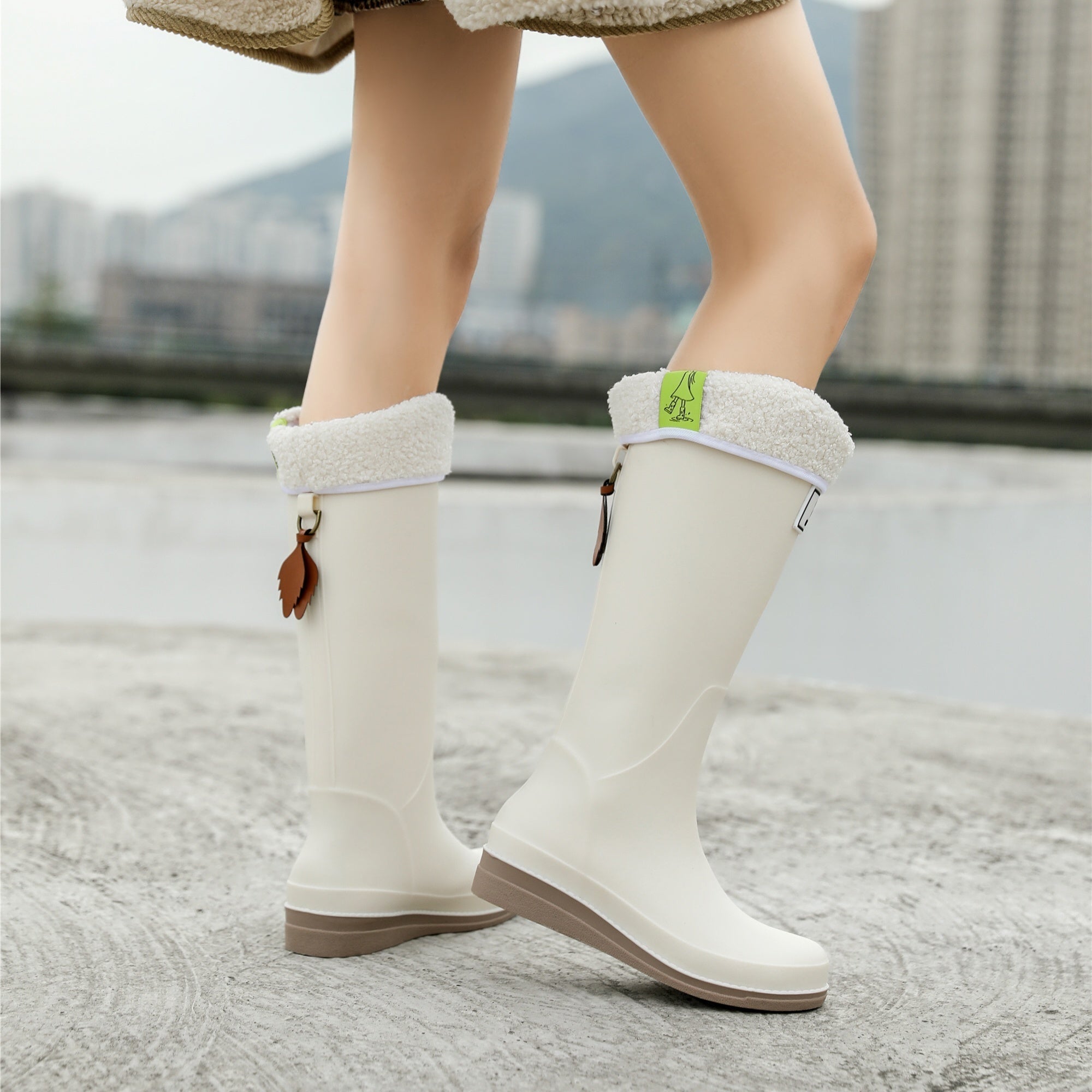 Women's Fleece Liner Slip-on Rain Boots Waterproof High Boots