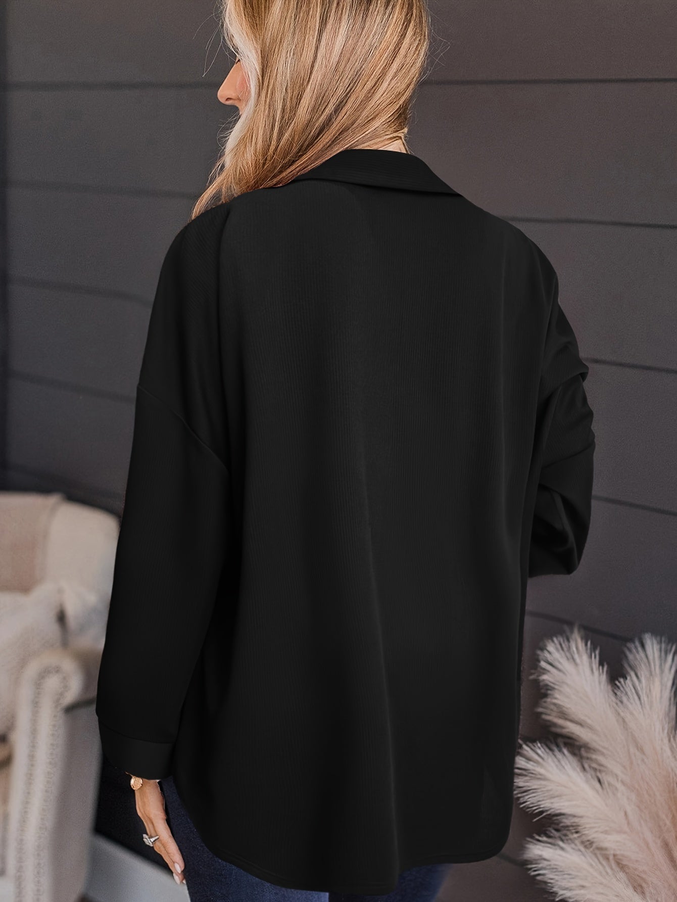  Solid Ribbed Button Up Long Sleeve Blouse
