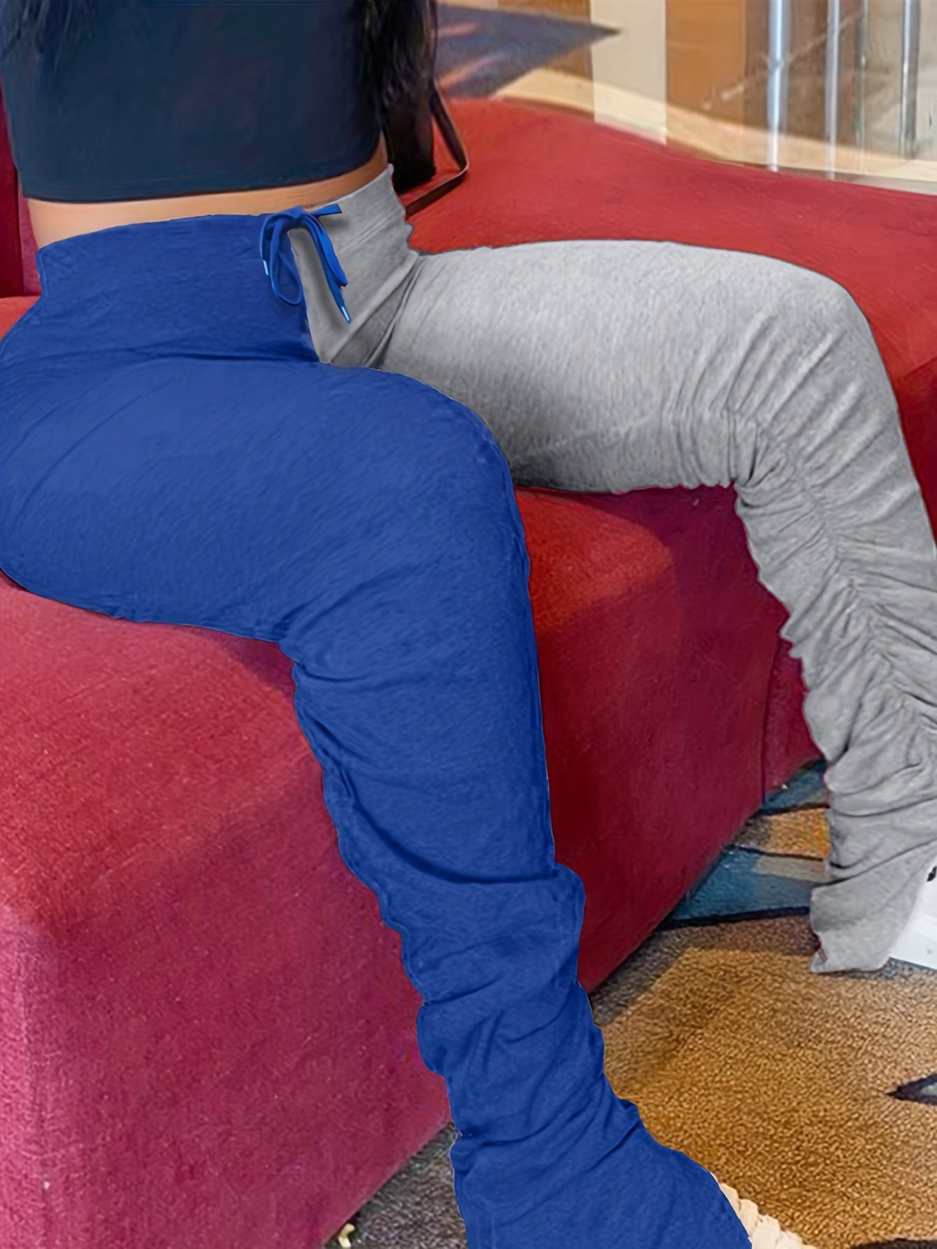  Colorblock Elastic Drawstring Ruched Leggings