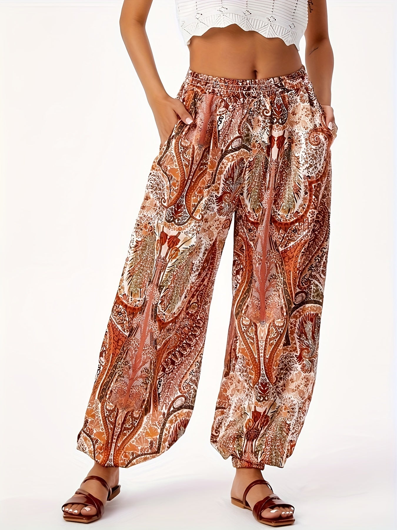  Paisley Floral Print Ethnic Style Pants High Rise