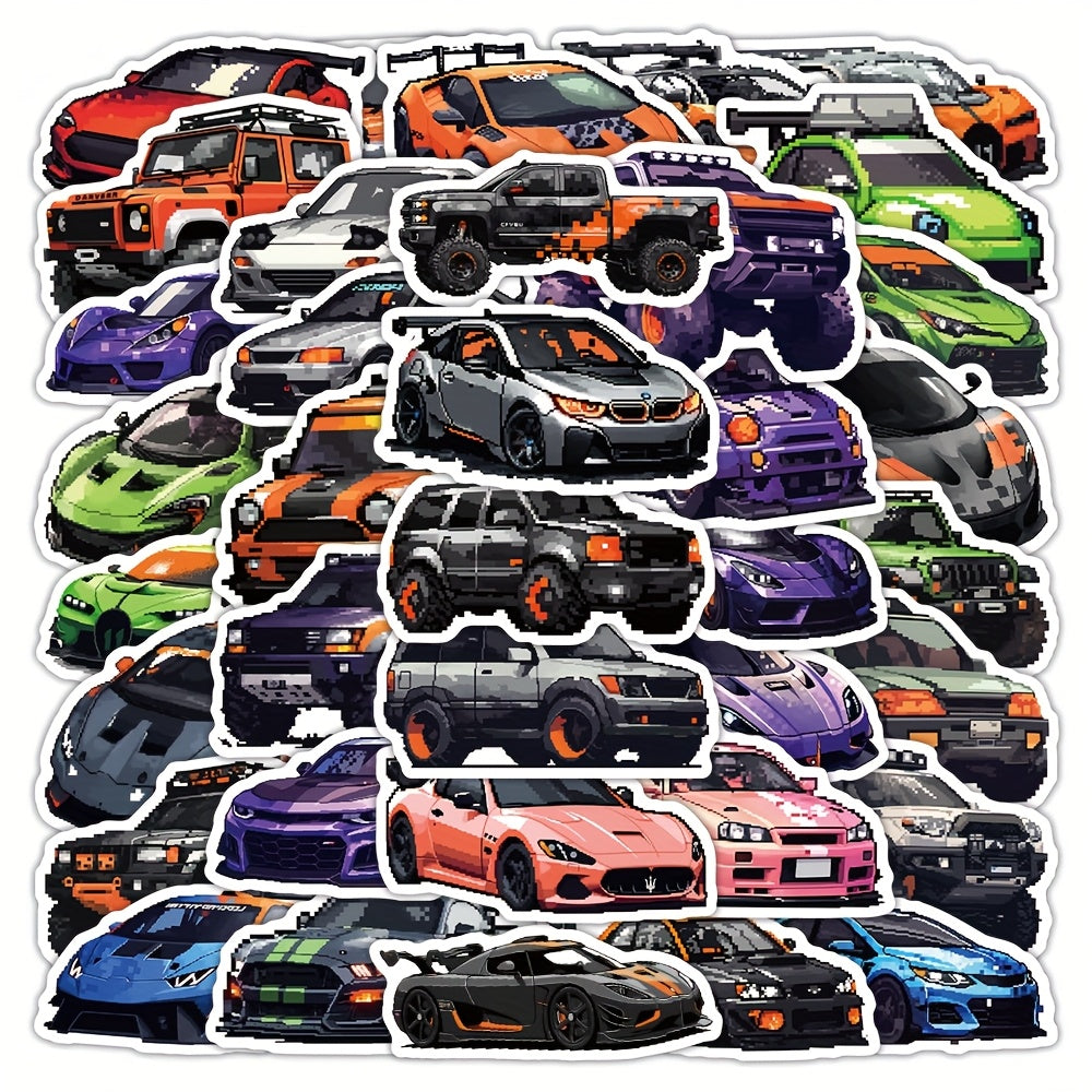 55 Colorful Pixelated Racing Car Stickers Self Adhesive Vinyl Decals