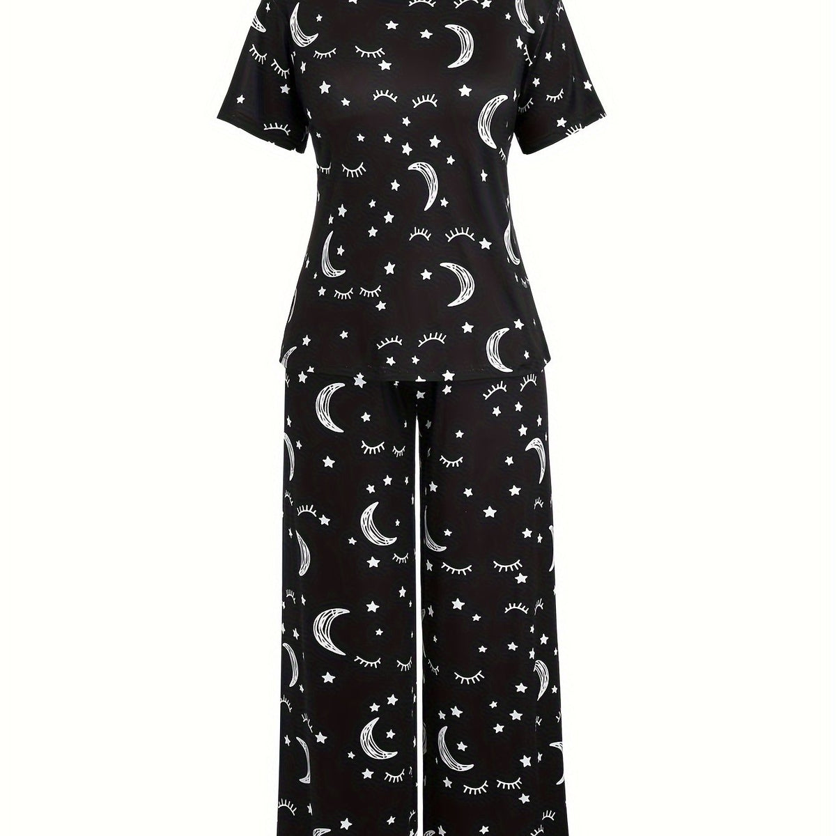  Sun & Moon Print Pajamas Set Short Sleeve Tee & Pants 2 Piece Set