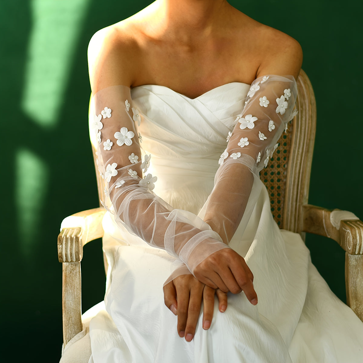 Sheer Bridal Gloves with Floral Embellishments Long Sleeve