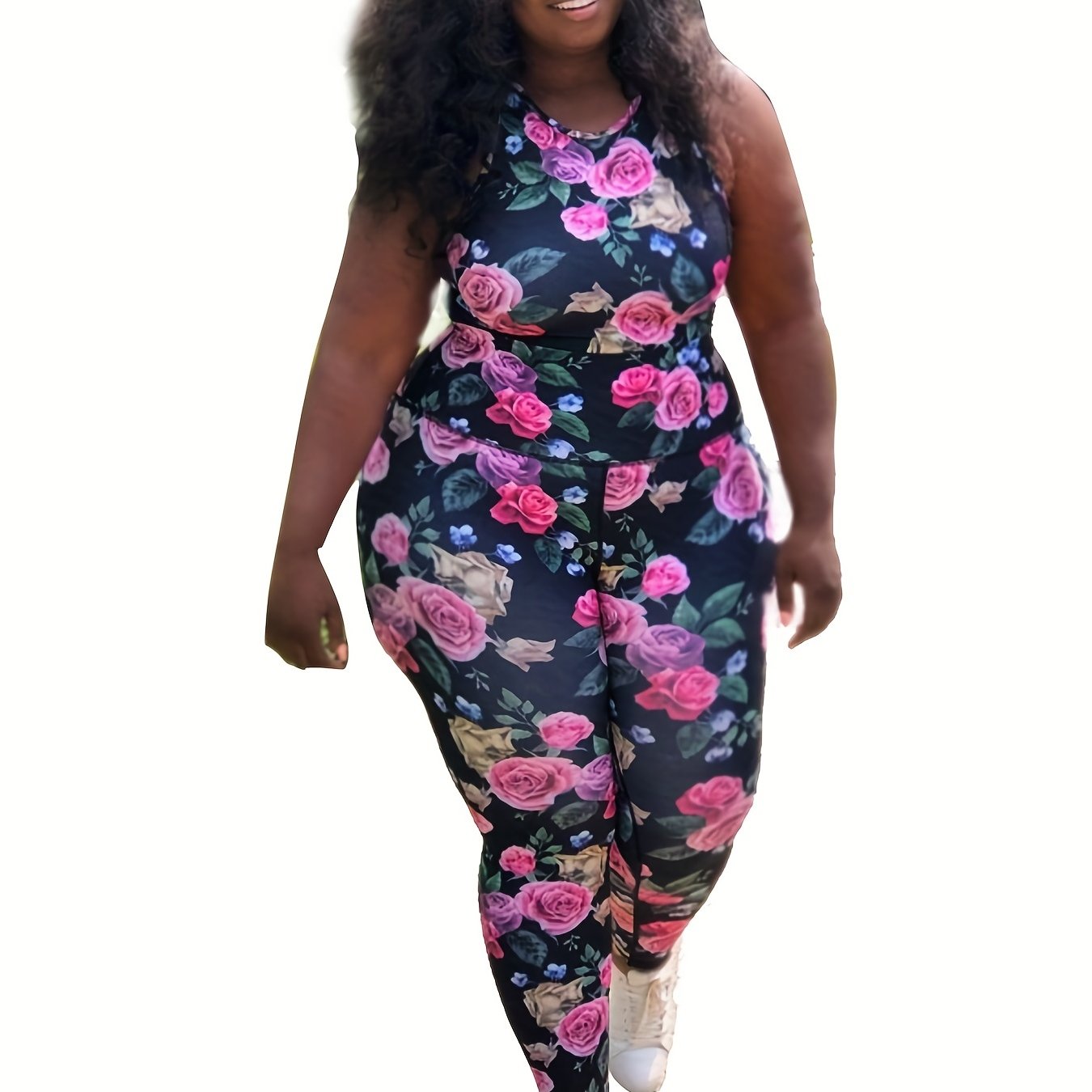  Rose Print Tank Top & Pants Outfit Set