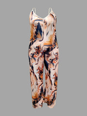  Casual Cami Jumpsuit Women's Plus Fluid Print V Neck Wide Leg