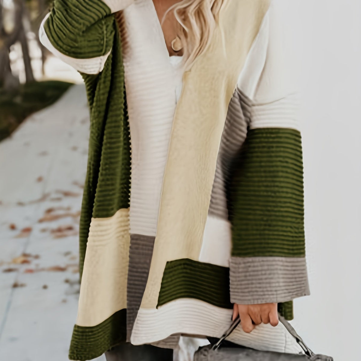  Colorblock Ribbed Long Sleeve Open Front Cardigan