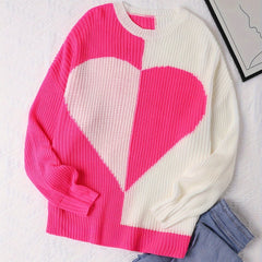  Colorblock Heart Long Sleeve Round Neck Jumper