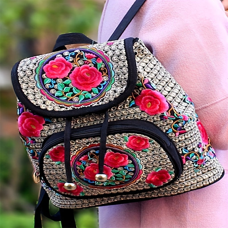 Flower Embroidered Backpack Ethnic Style Daypack Drawstring Bag