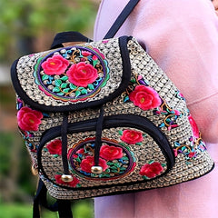 Flower Embroidered Backpack Ethnic Style Daypack Drawstring Bag