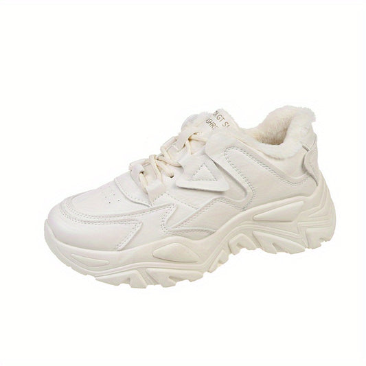Women's Plush Lined Chunky Sneakers Solid Lace Up Low Top Trainers
