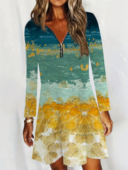 Women's Plus Painting Print Long Sleeve Round Neck Zip Dress