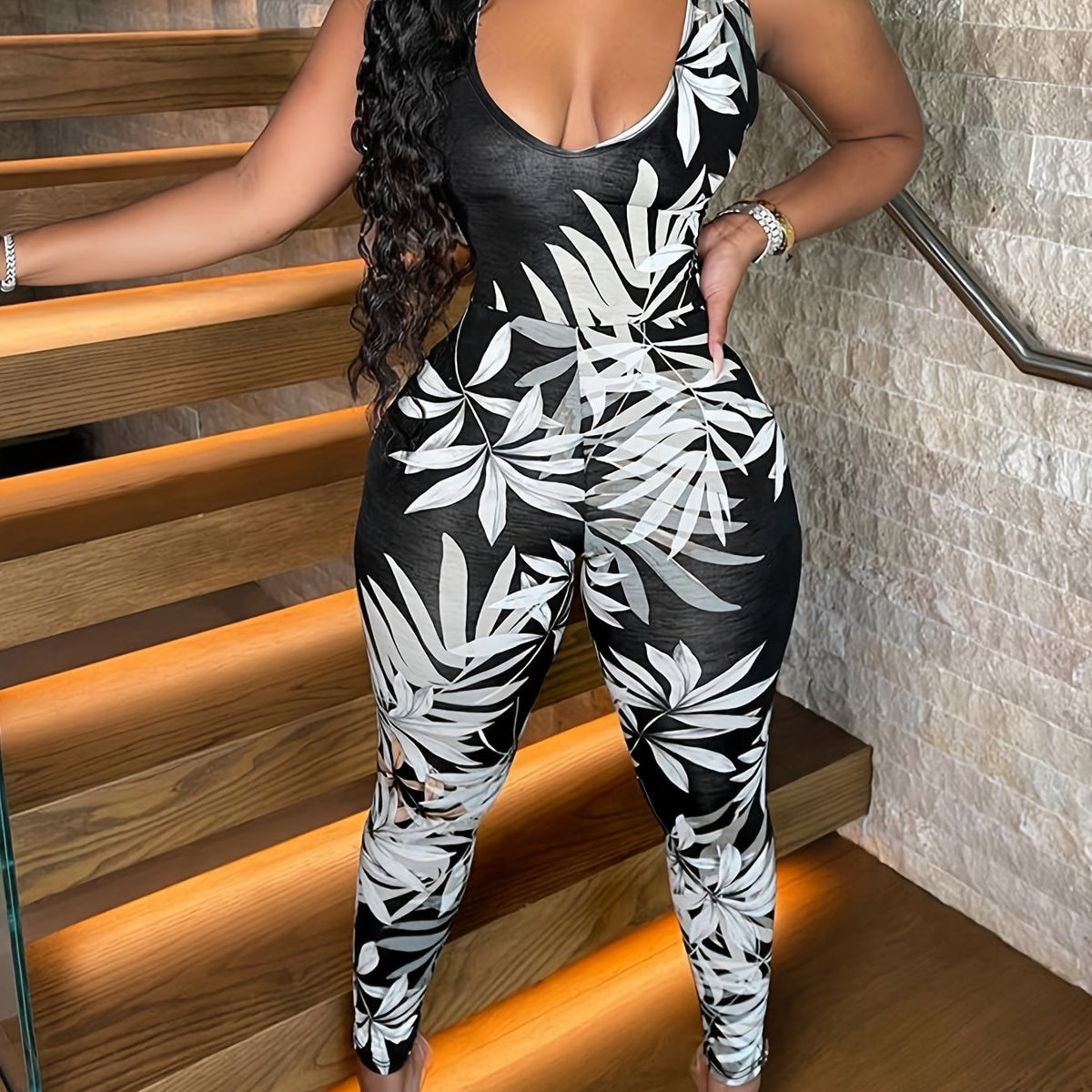  Leaf Print Stretch Tank Jumpsuit