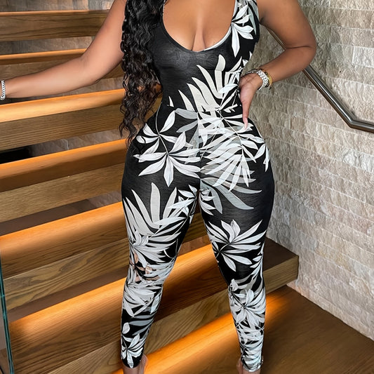  Leaf Print Stretch Tank Jumpsuit