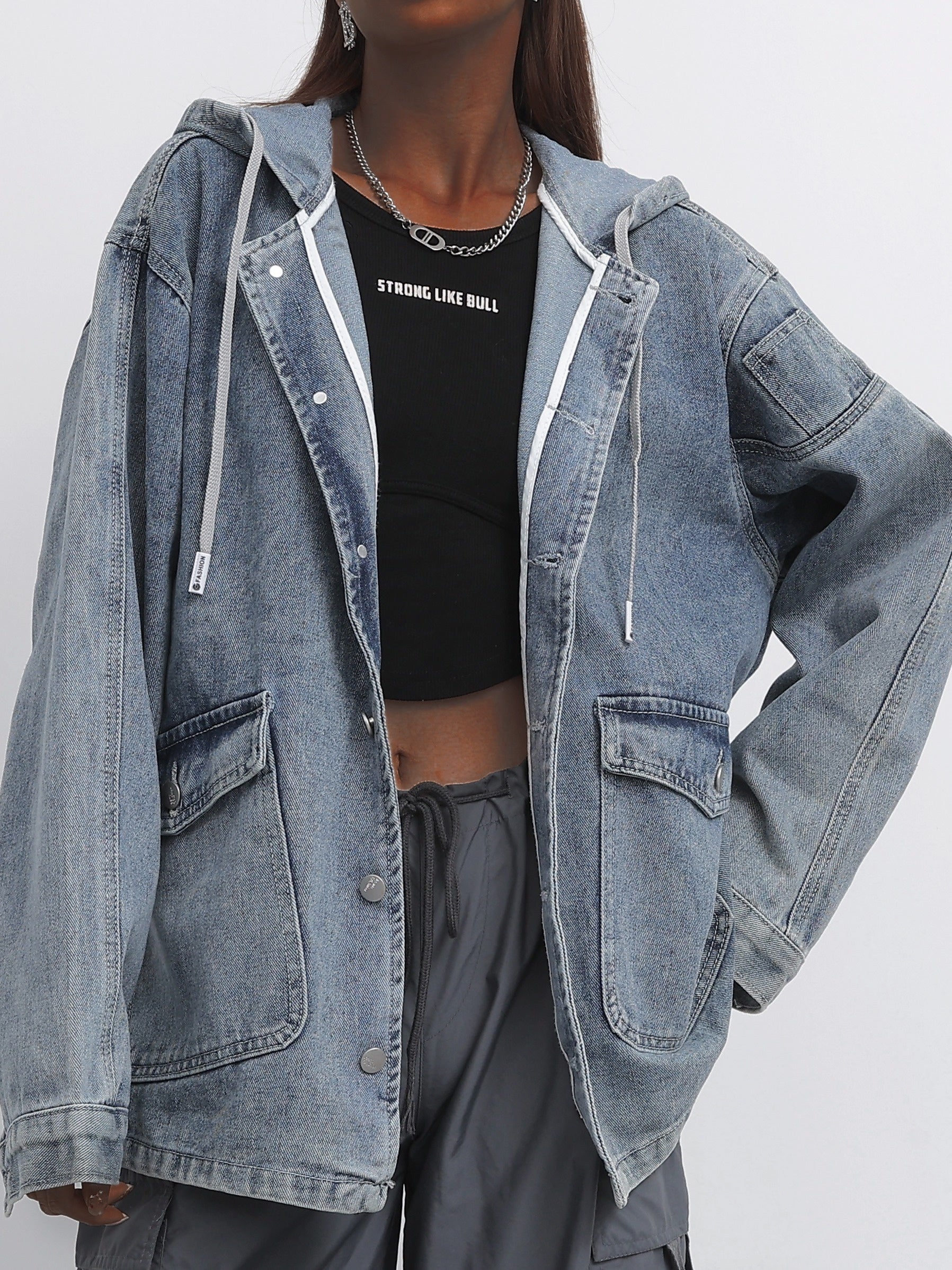  Casual Denim Top Solid Hooded Drawstring Jacket