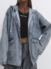  Casual Denim Top Solid Hooded Drawstring Jacket