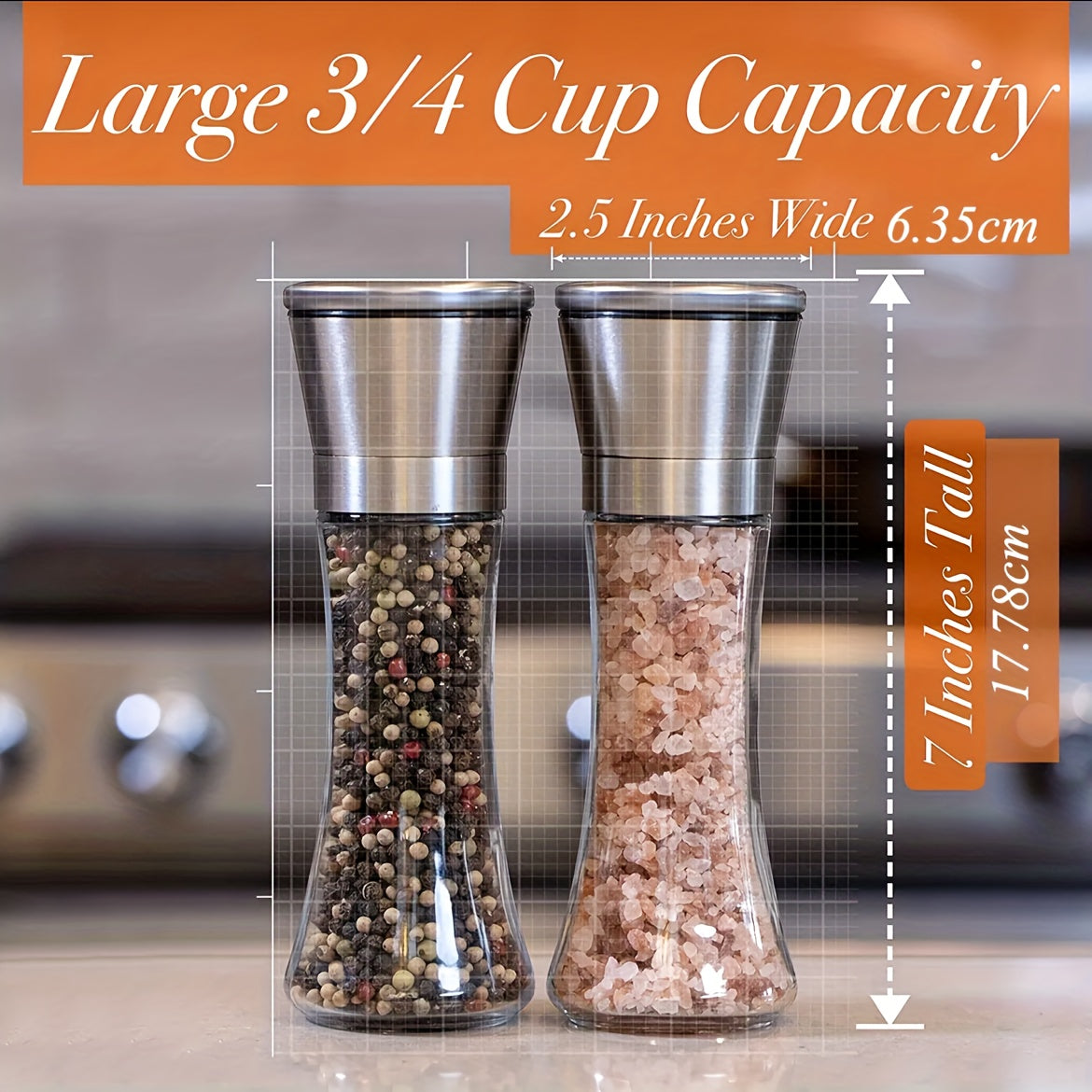 2pcs Glass Pepper & Salt Grinder Manual Mill Spice Crusher Bottle