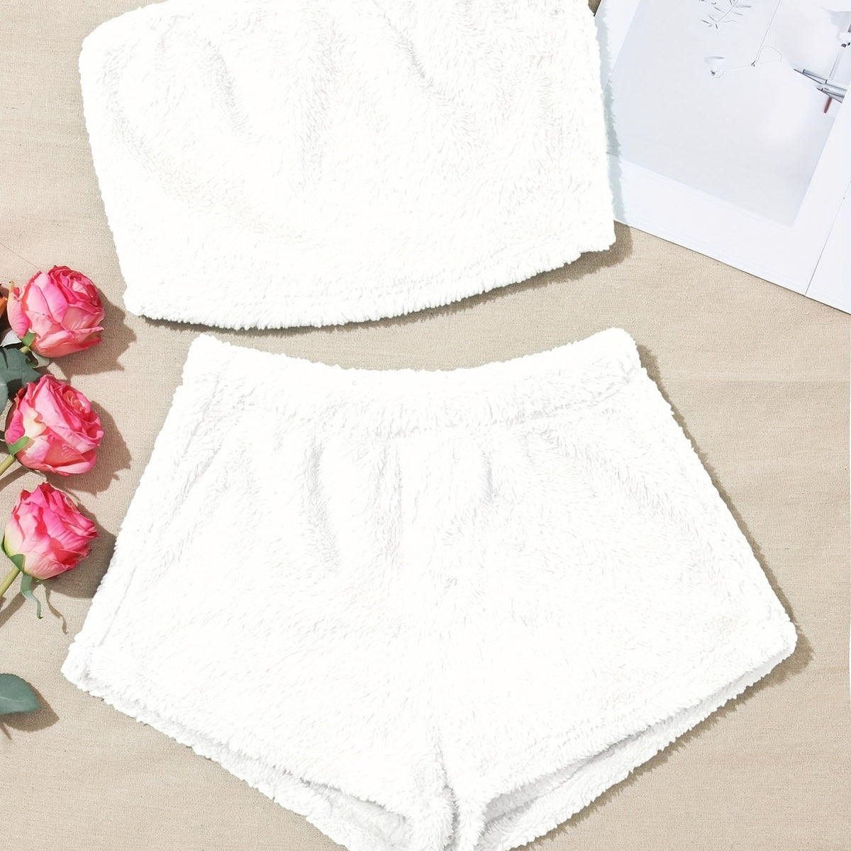Fuzzy Pajama Set Strapless Crop Top & Shorts Women's Sleepwear