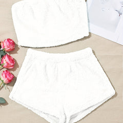 Fuzzy Pajama Set Strapless Crop Top & Shorts Women's Sleepwear