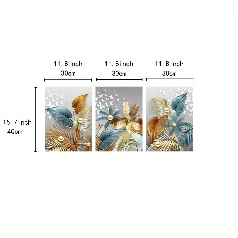 3pcs Butterfly Golden Leaves Canvas Wall Art