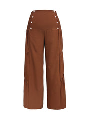  Ruched Button Decor Wide Leg Trousers