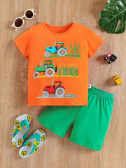 Boys Tractors Print T-shirt & Shorts Summer Outfit