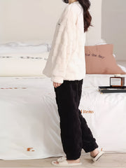 Solid Fuzzy Lounge Set Crew Neck Top & Pants Women's Loungewear