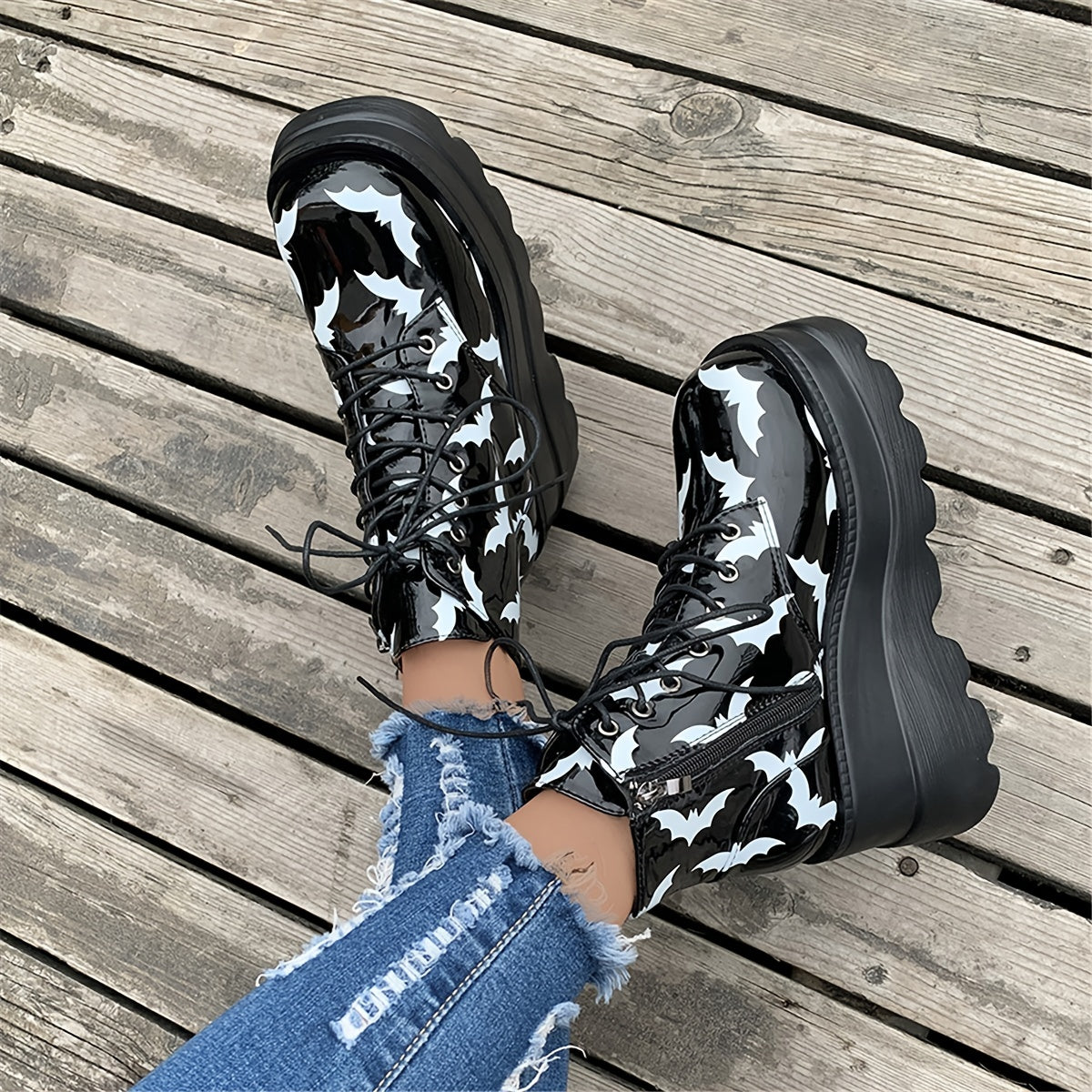 Women's Bat Pattern Platform Boots Punk Style Lace Up Ankle Boots