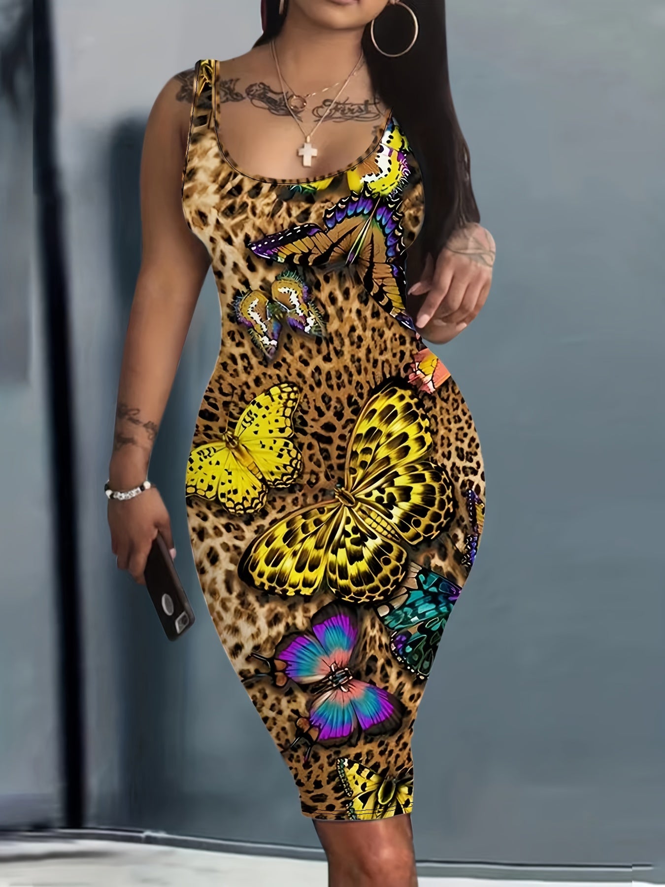  Leopard & Butterfly Print Round Neck Midi Tank Dress
