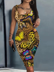  Leopard & Butterfly Print Round Neck Midi Tank Dress