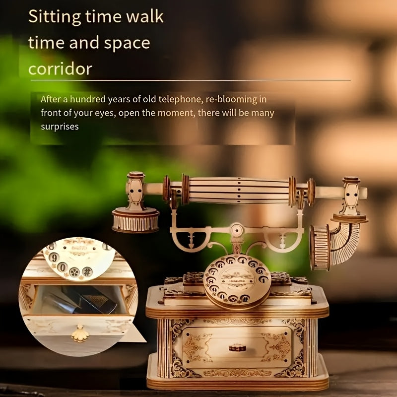 Vintage Rotary Phone 3D Wooden Puzzle DIY Craft Kit Retro Desk Model Gift
